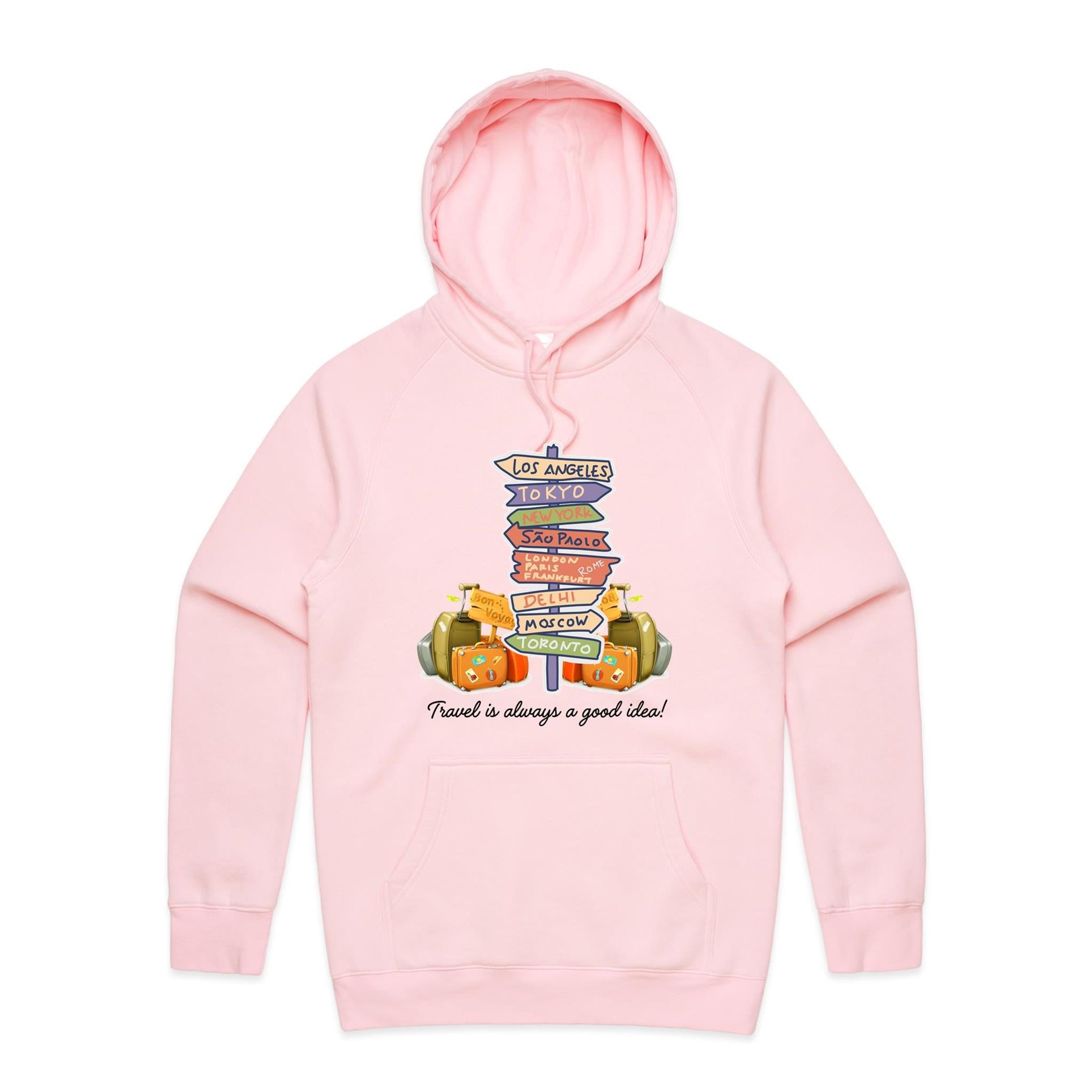 Travel Is Always A Good Idea - Mens Hoodie Pink Mens Hoodie Printed In Australia