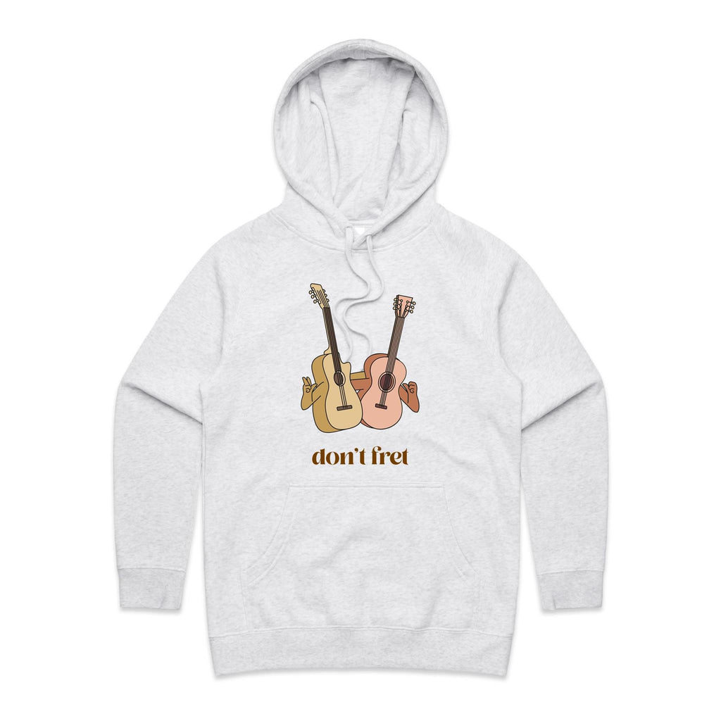 Guitars, Don't Fret - Womens Hoodie White Marle Womens Hoodie Music Positivity Printed In Australia