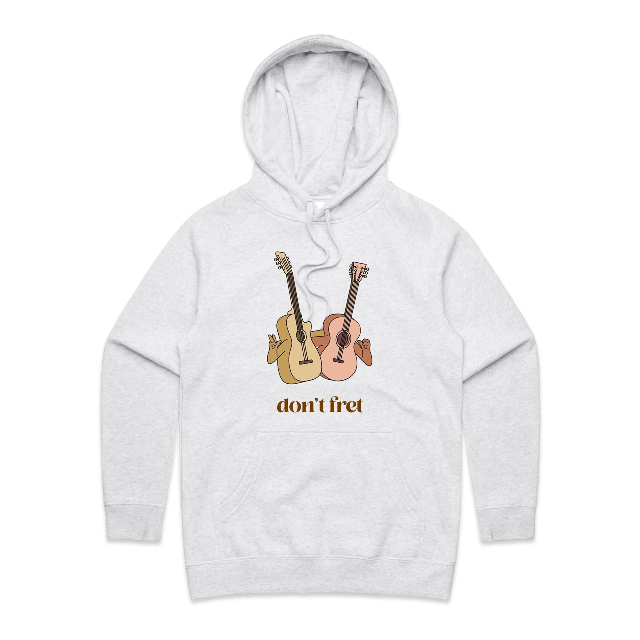 Guitars, Don't Fret - Womens Hoodie White Marle Womens Hoodie Music Positivity Printed In Australia