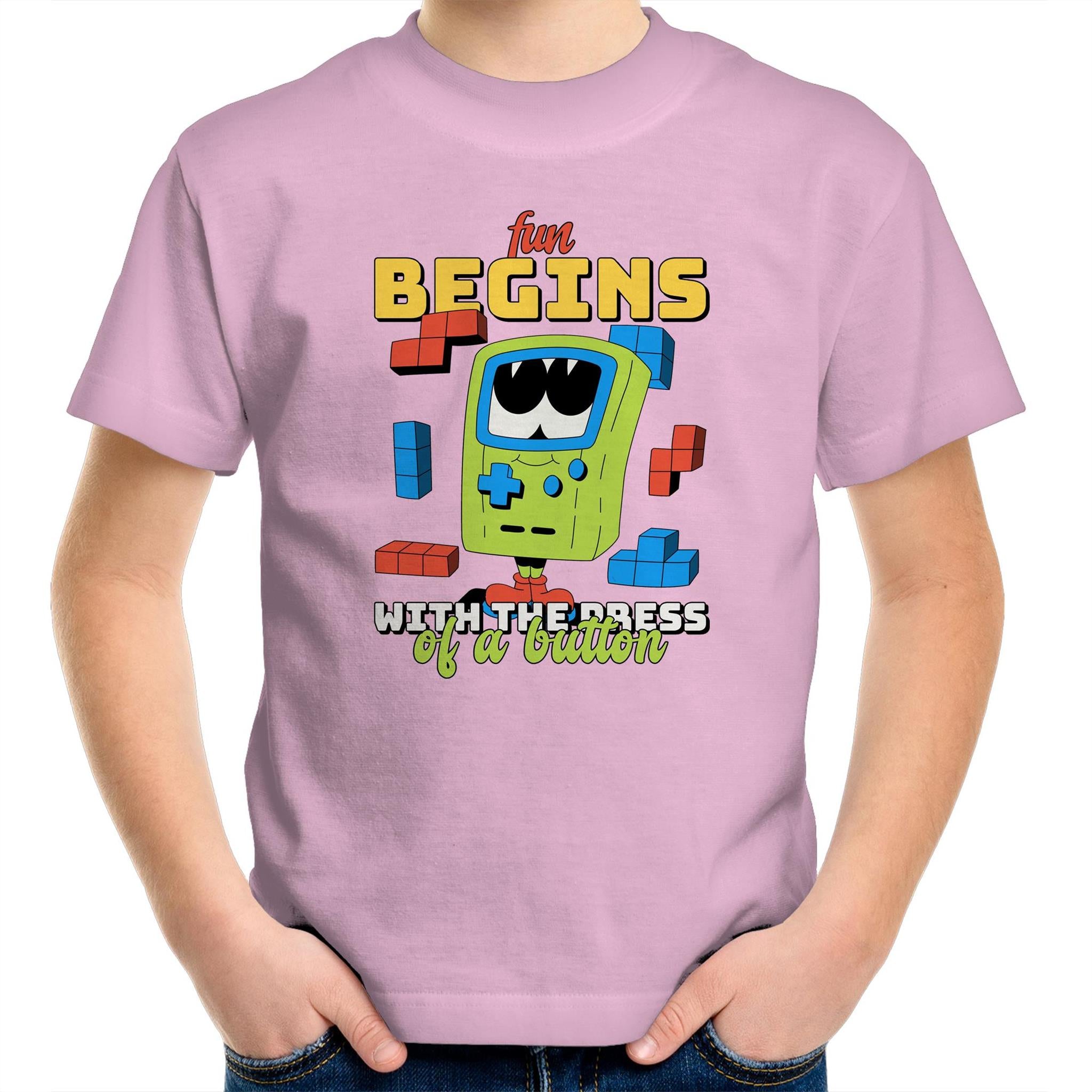 Fun Begins With The Press Of A Button, Video Game - Kids Youth T-Shirt Pink Kids Youth T-shirt Games Printed In Australia