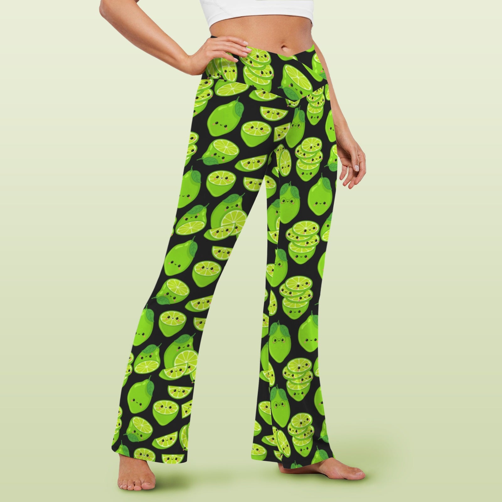 Cute Limes High Waist Crossover Tummy Control Flare Leggings High Waist Flare Leggings Food Printed Offshore