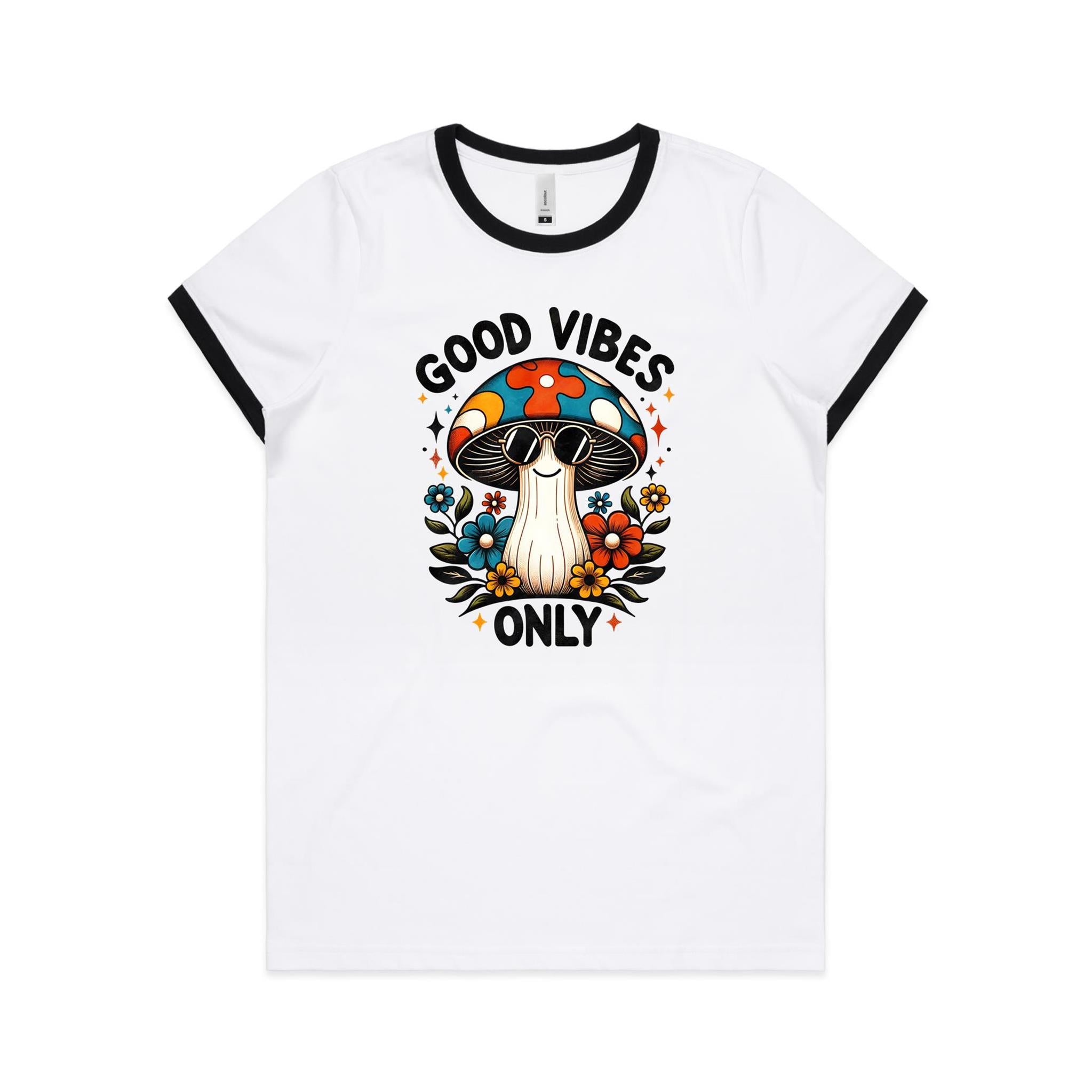 Good Vibes Only, Hippie Mushroom With Sunglasses - Women's Ringer Tee