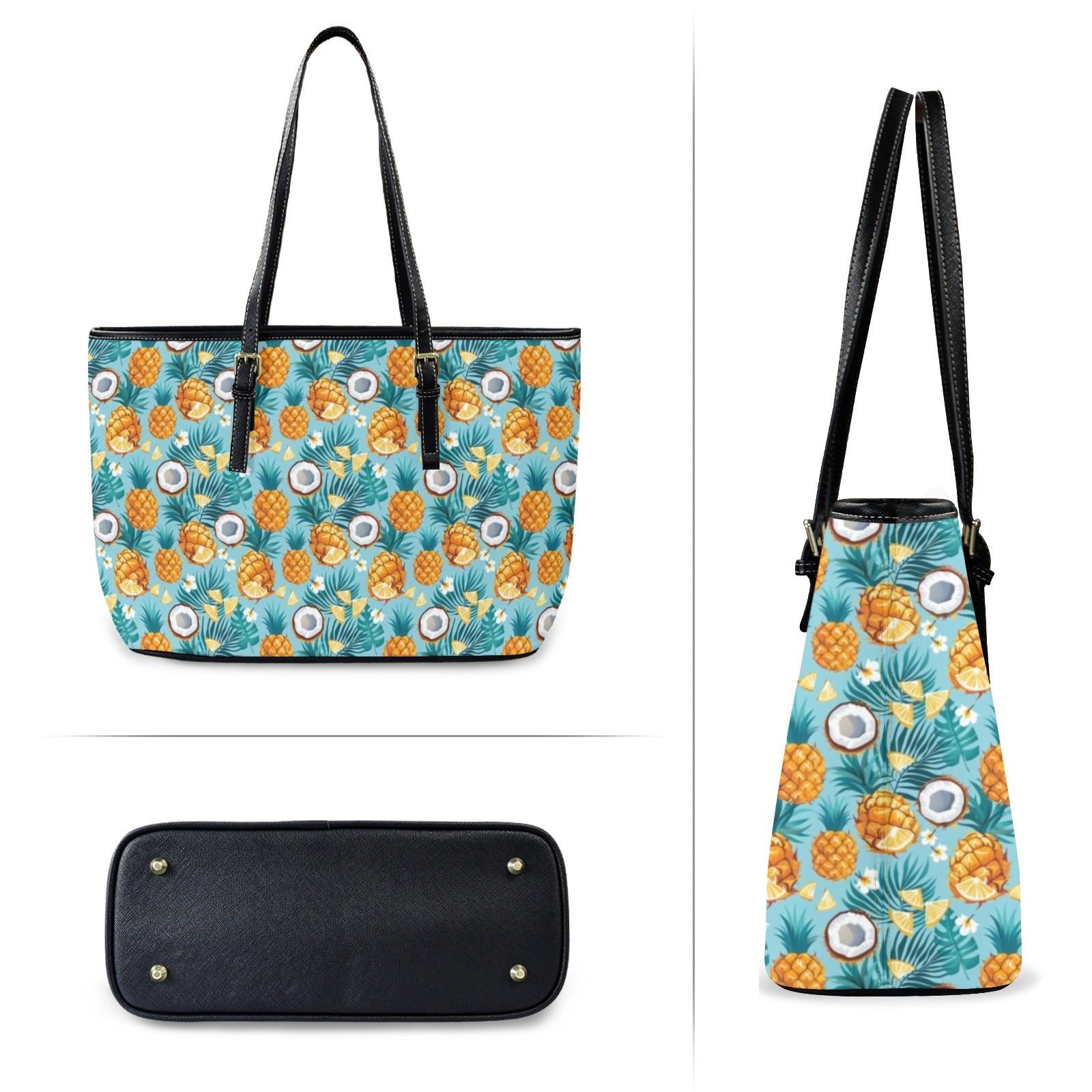 Pineapple Coconut PU Leather Tote Bag Large Leather Tote Bag-Large Food Printed Offshore
