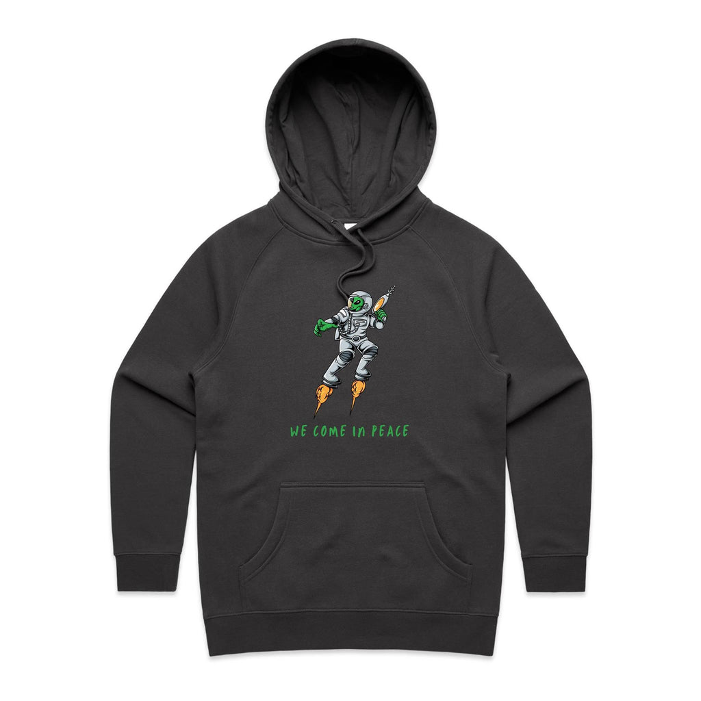 Alien Invasion, We Come In Peace - Womens Hoodie Coal Womens Hoodie Printed In Australia Sci Fi