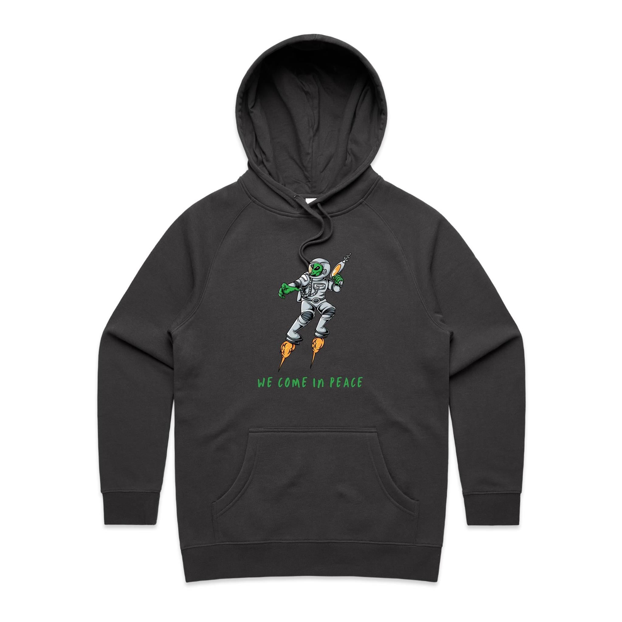 Alien Invasion, We Come In Peace - Womens Hoodie Coal Womens Hoodie Printed In Australia Sci Fi