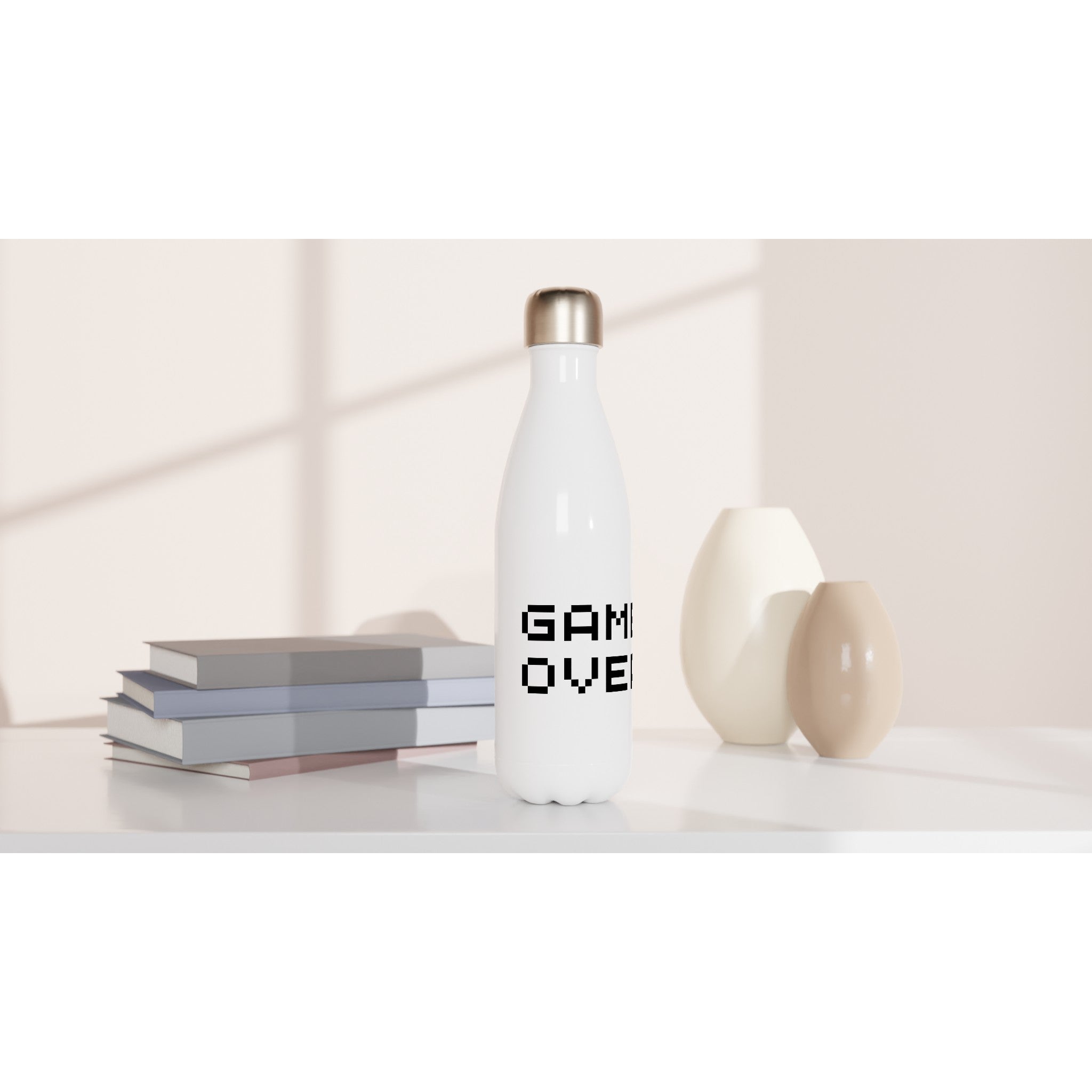 Game Over - White 17oz Stainless Steel Water Bottle White Water Bottle Games Globally Fulfilled