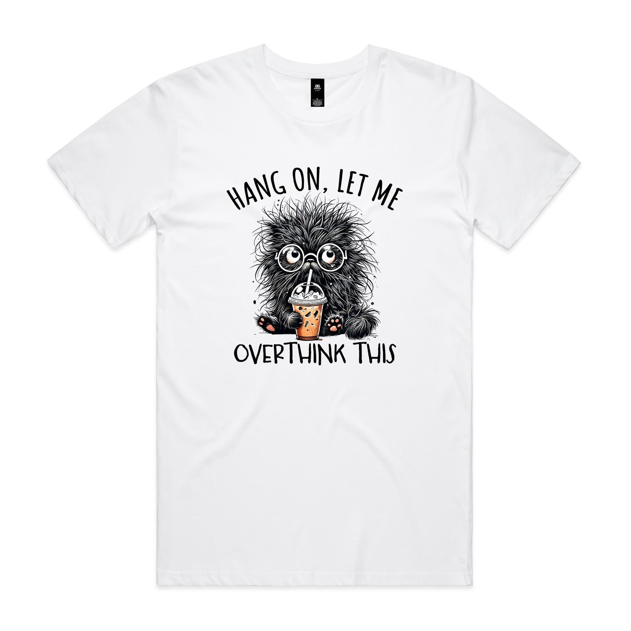 Frazzled Cat, Hang On Let Me Overthink This Men's AS Colour T-shirt White Mens T-shirt animal Printed In Australia
