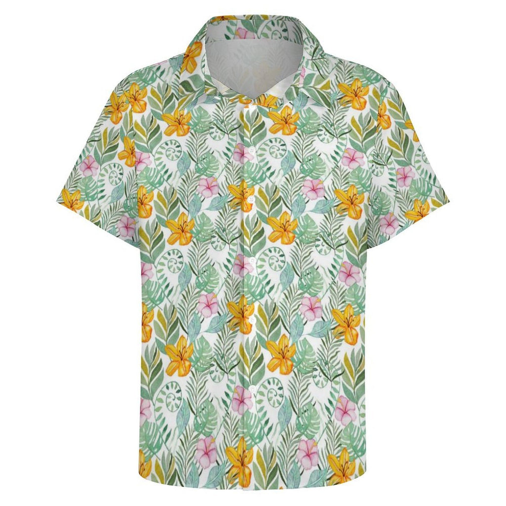 Tropical Flowers And Leaves Women's Collared Pocketless Short Sleeve Shirt