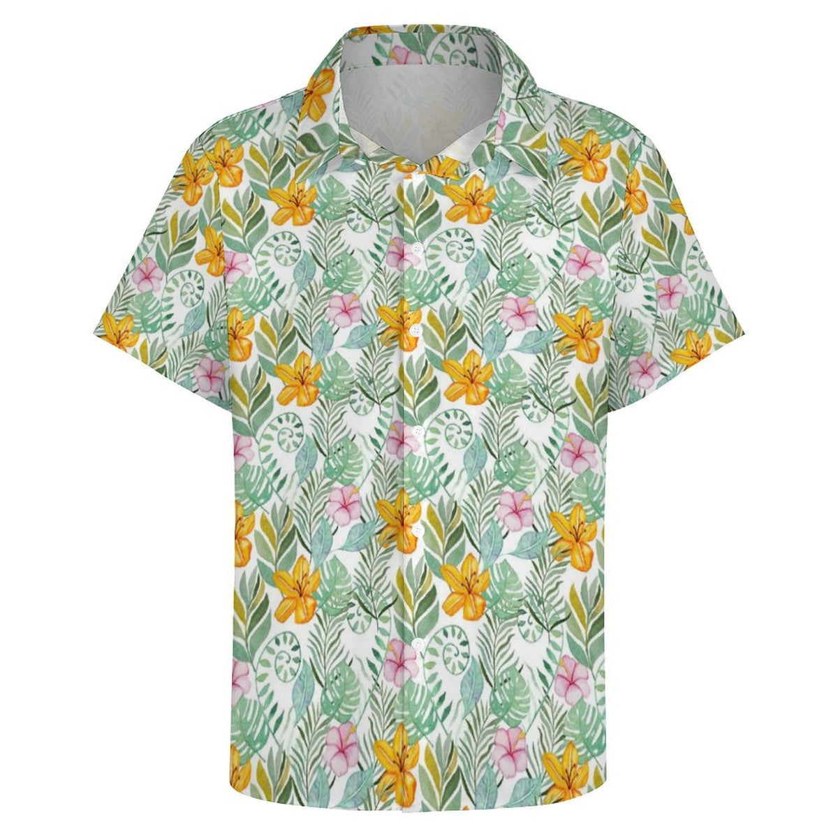 Tropical Flowers And Leaves Women's Collared Pocketless Short Sleeve Shirt