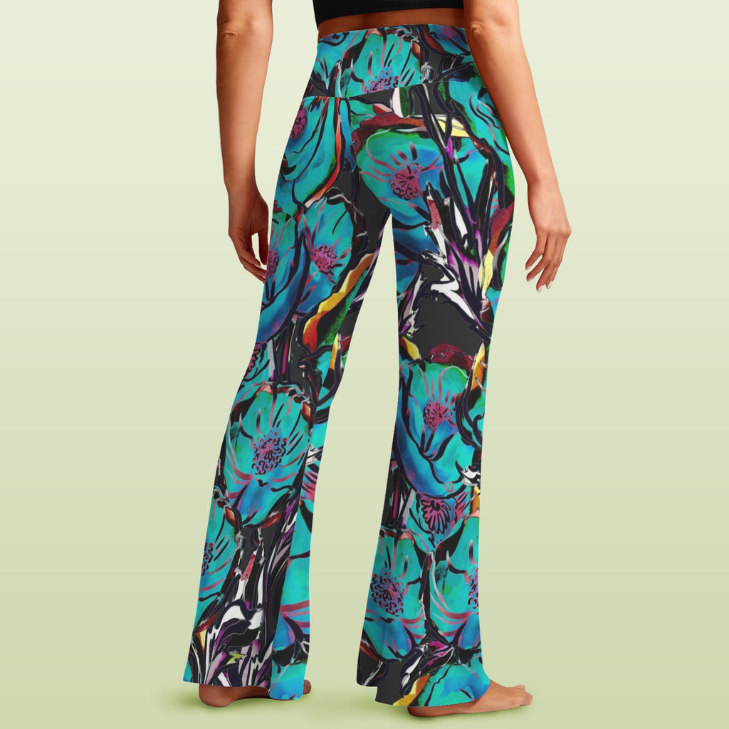 Flower It Blue High Waist Crossover Tummy Control Flare Leggings High Waist Flare Leggings Plants Printed Offshore