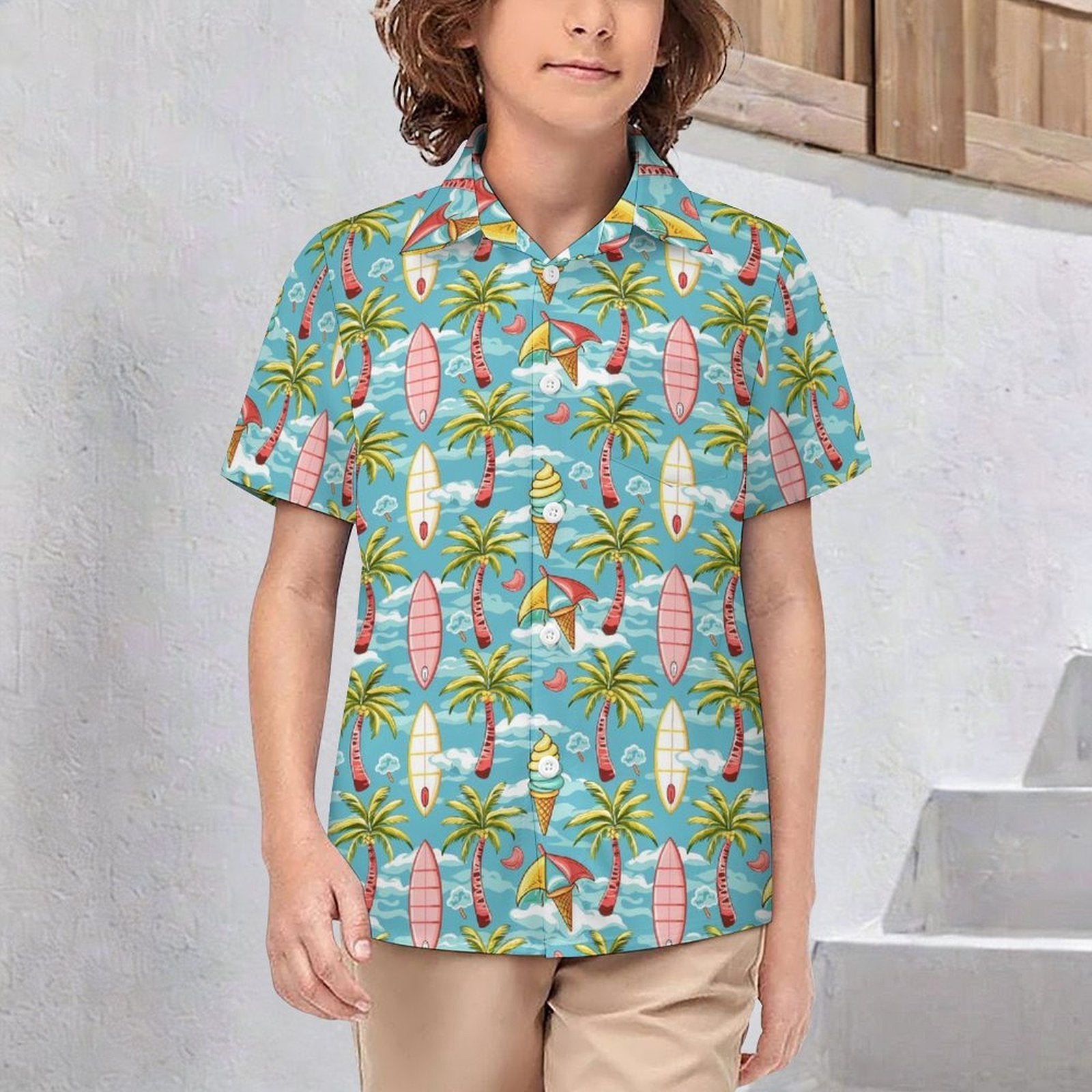 Summer Surf Kids Youth Short Sleeve Button Up Shirt