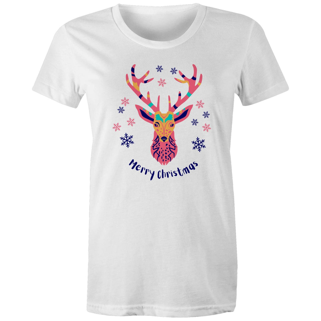 Merry Christmas Deer - Womens T-shirt White Womens Christmas T-shirt Christmas Printed In Australia