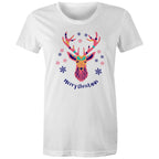 Merry Christmas Deer - Womens T-shirt White Womens Christmas T-shirt Christmas Printed In Australia