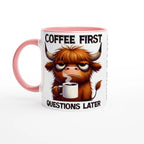 Personalise - Coffee First, Questions Later, Highland Cow - 11oz Ceramic Mug Ceramic Pink Personalised 11oz Mug animal Coffee Globally Fulfilled