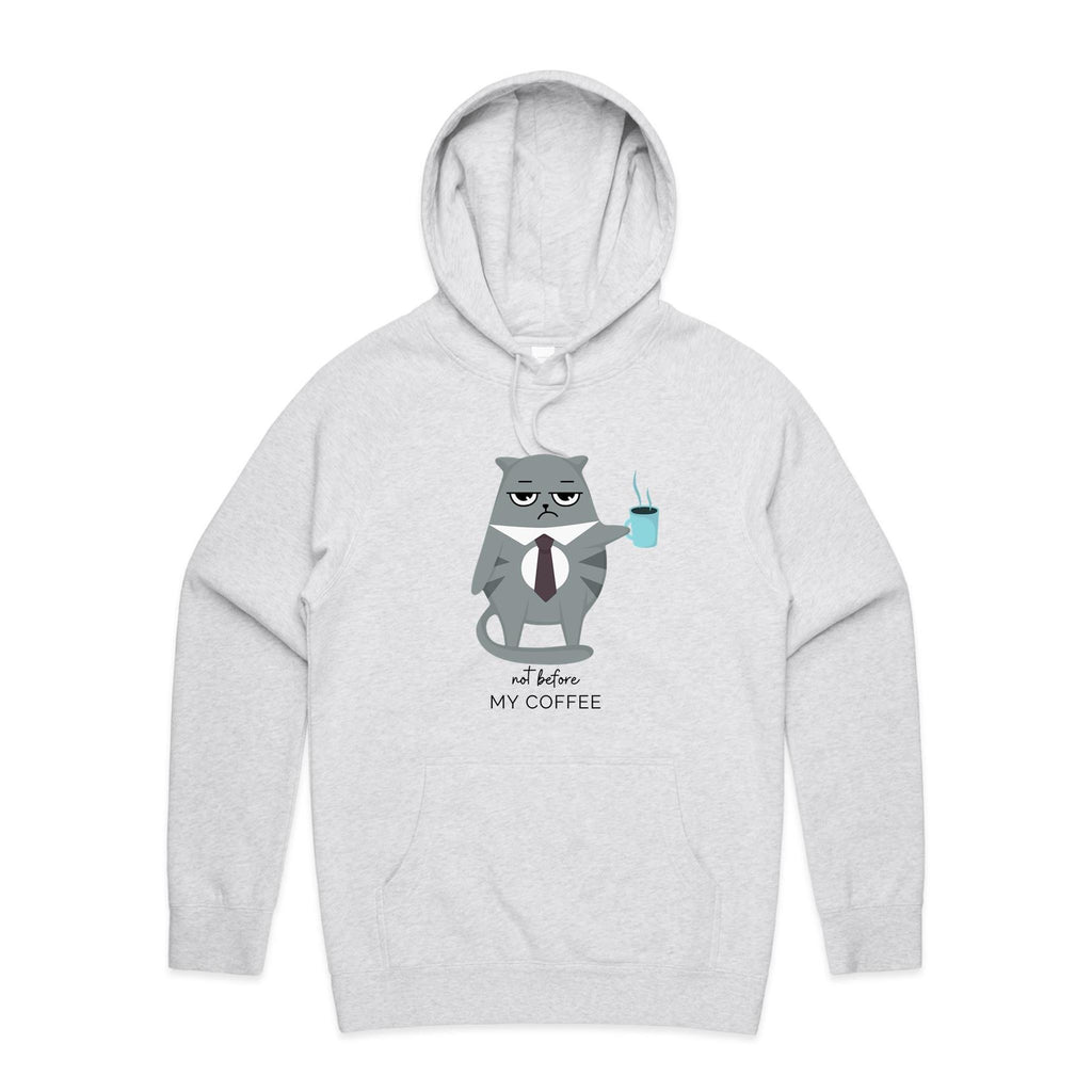 Cranky Cat, Not Before My Coffee - Mens Hoodie White Marle Mens Hoodie animal Coffee Printed In Australia