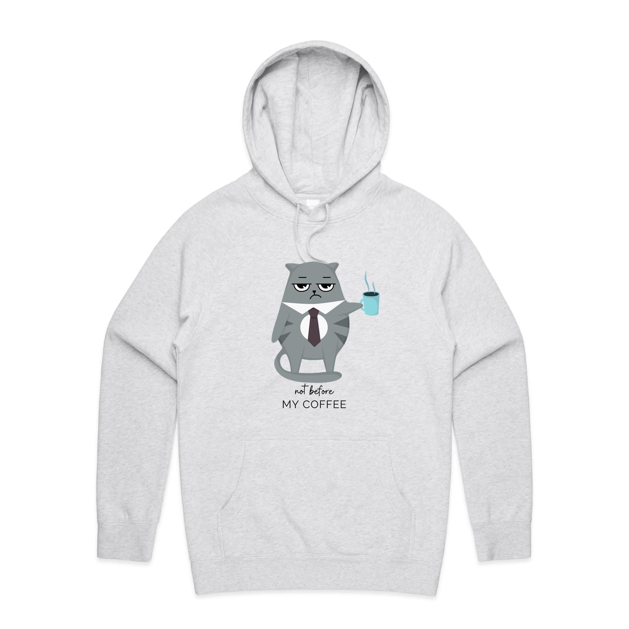 Cranky Cat, Not Before My Coffee - Mens Hoodie White Marle Mens Hoodie animal Coffee Printed In Australia