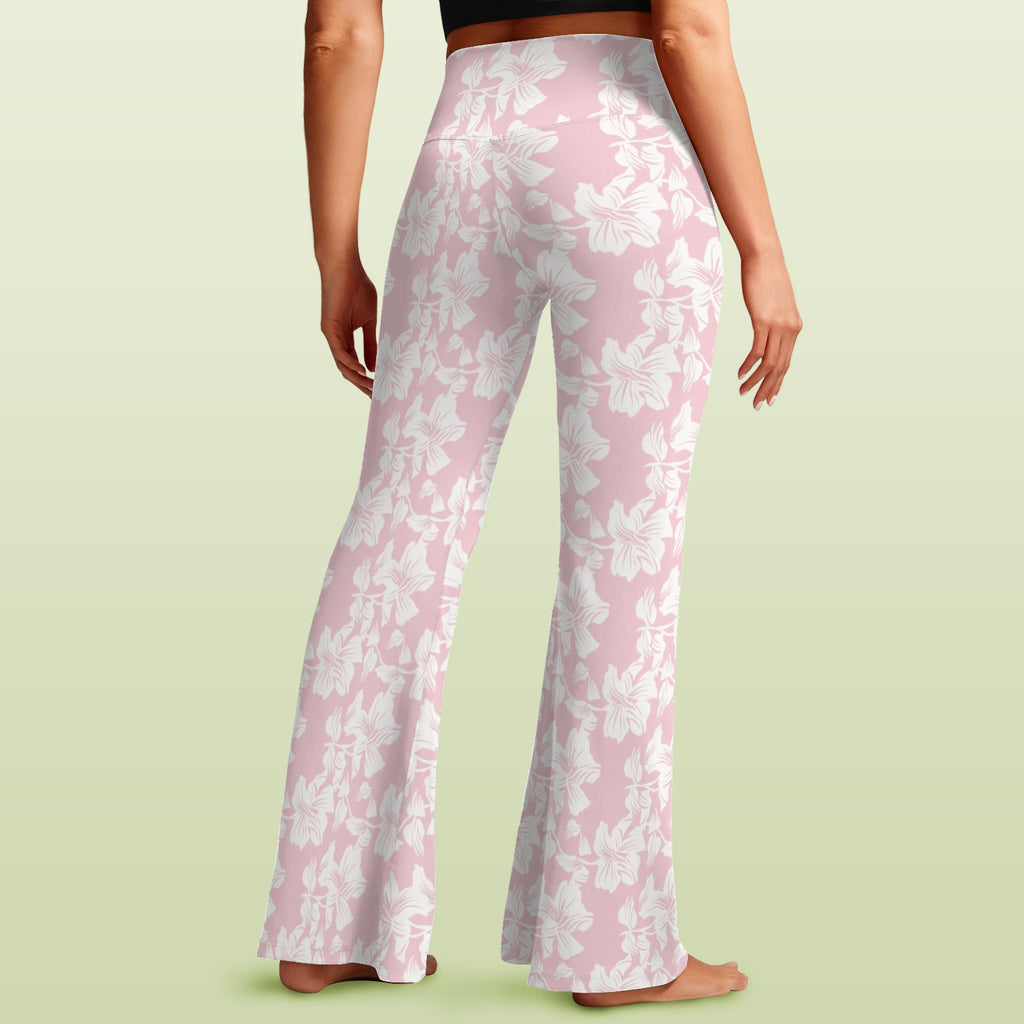 Pink Hawaiian Floral High Waist Crossover Tummy Control Flare Leggings High Waist Flare Leggings Plants Printed Offshore