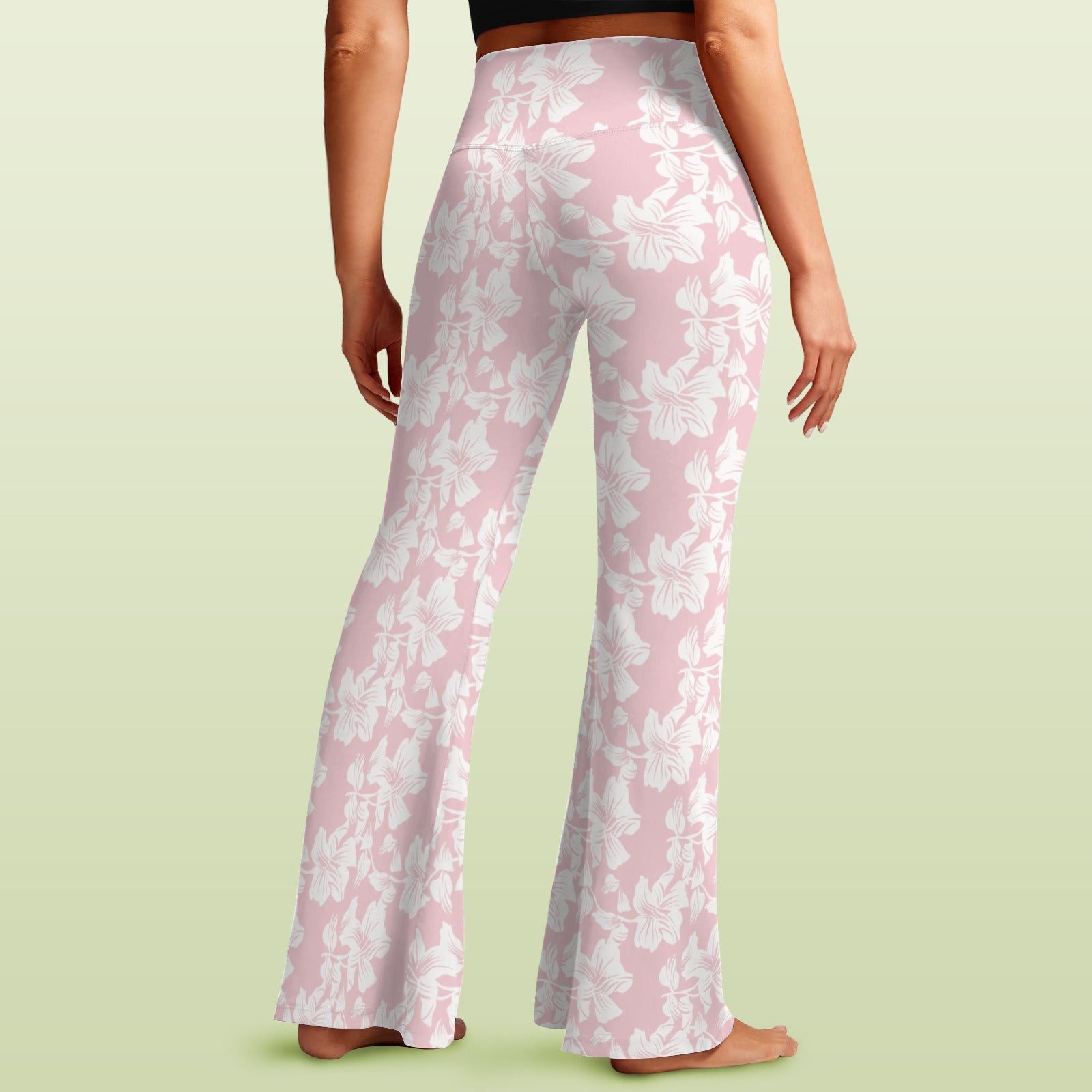 Pink Hawaiian Floral High Waist Crossover Tummy Control Flare Leggings High Waist Flare Leggings Plants Printed Offshore