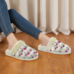 Pink Heart Music Notes Women's Fur Trim Thick-Sole Indoor Slippers Women's Fur Trimmed Slippers Music Printed Offshore