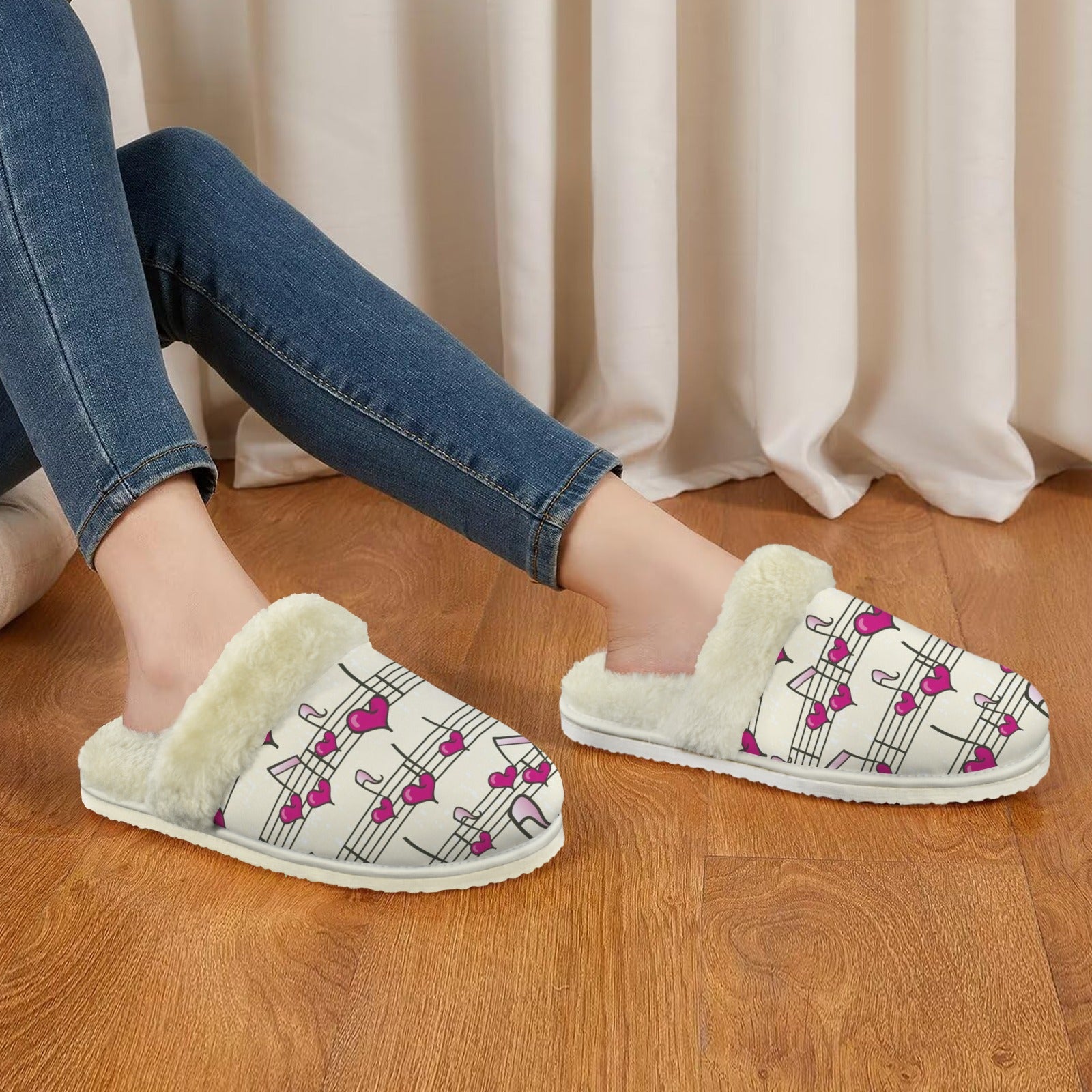 Pink Heart Music Notes Women's Fur Trim Thick-Sole Indoor Slippers Women's Fur Trimmed Slippers Music Printed Offshore