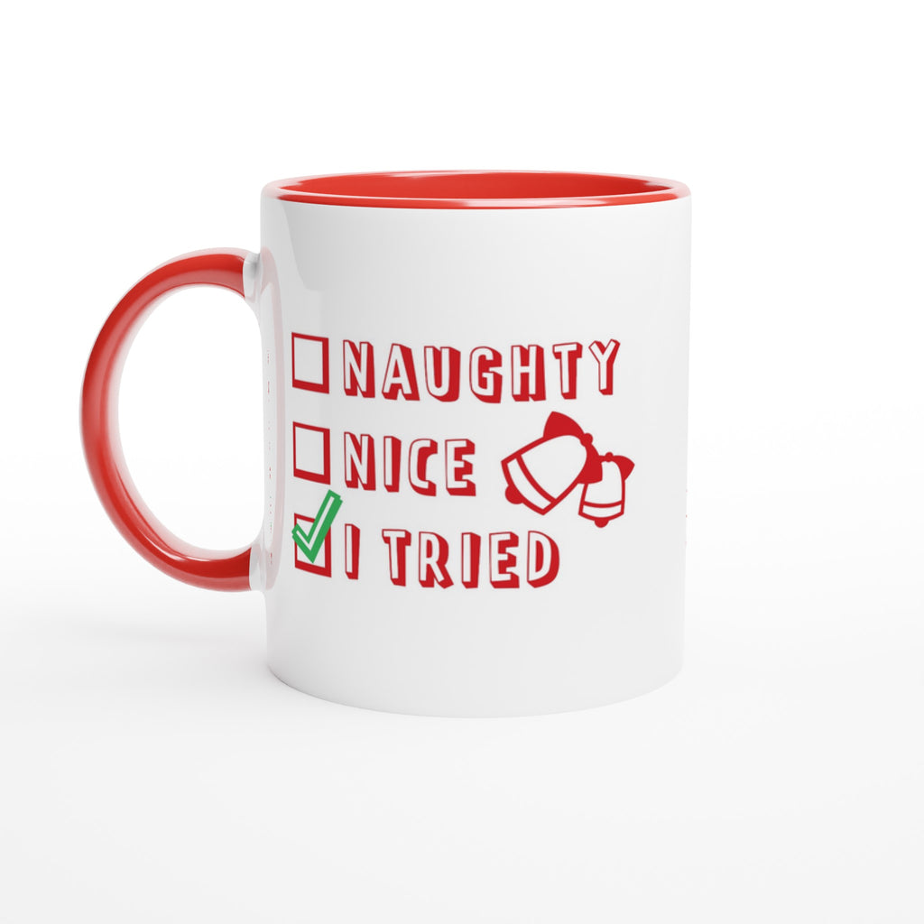 Santa's Christmas List, Naughty, Nice, I Tried - White 11oz Ceramic Mug with Color Inside Ceramic Red Christmas Colour Mug Christmas Globally Fulfilled