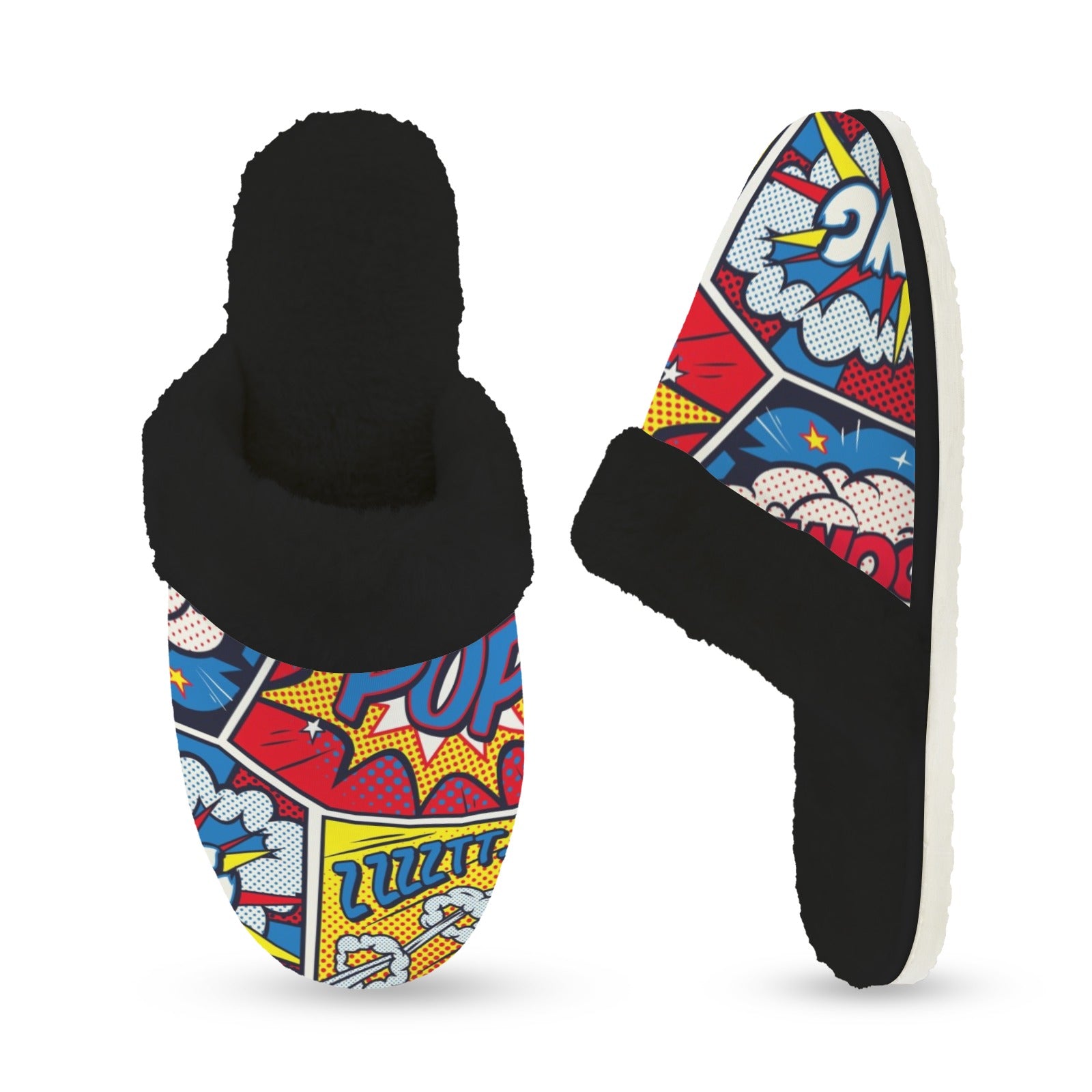 Comic Book Women's Fur Trim Thick-Sole Indoor Slippers Women's Fur Trimmed Slippers comic Printed Offshore
