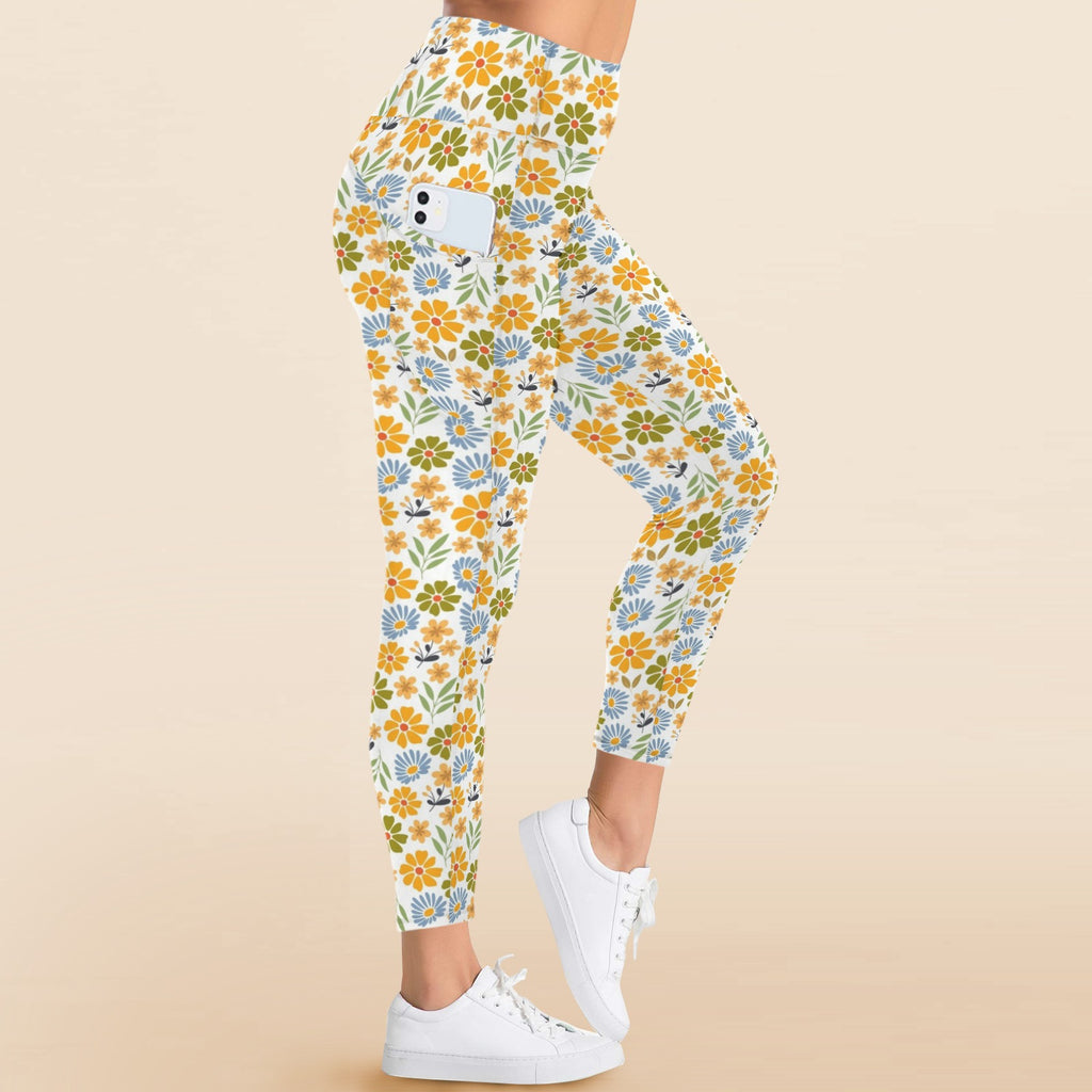 Retro Boho Flower Women's High Waist Pockets Yoga Leggings Women's High Waist Pockets Yoga Leggings Plants Printed Offshore