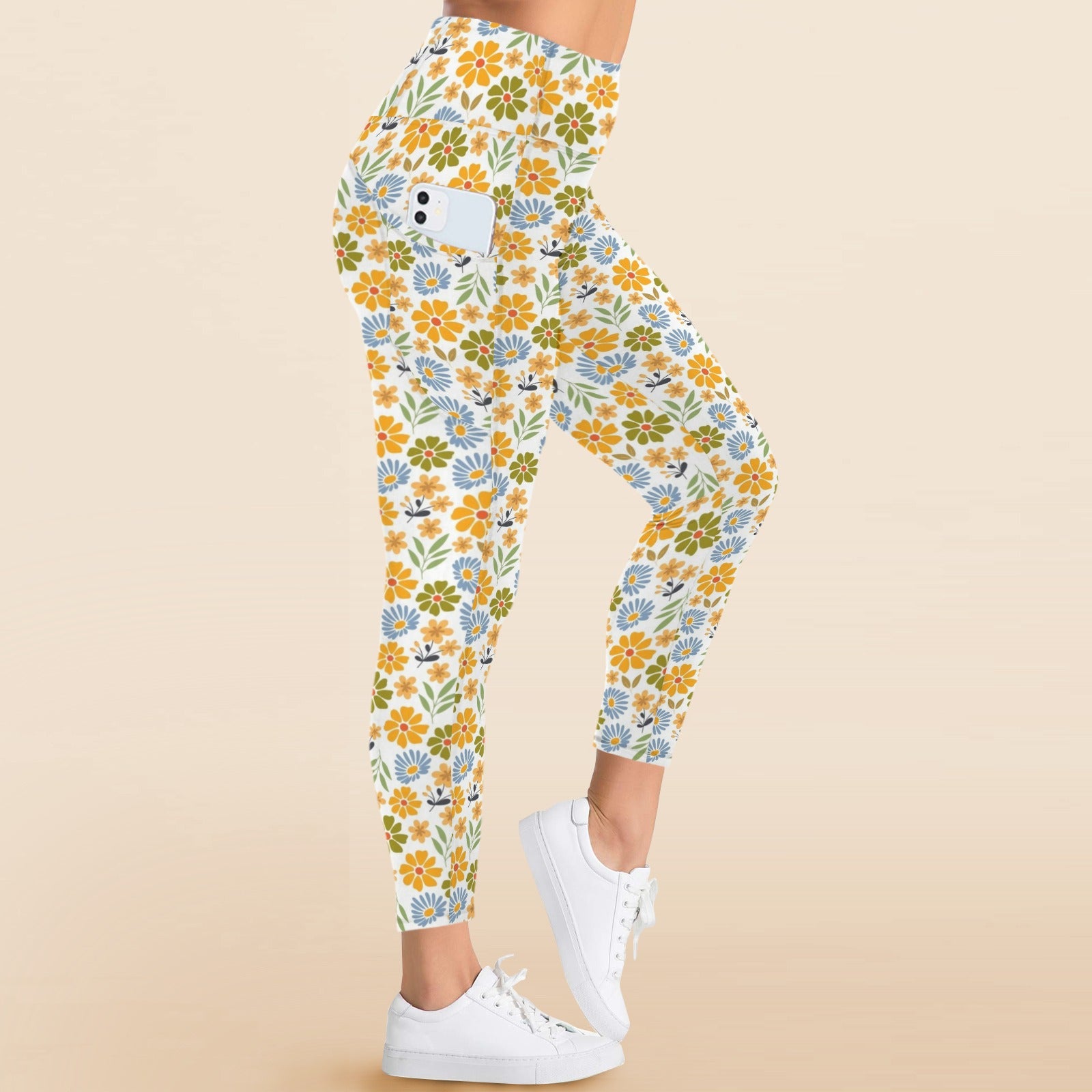 Retro Boho Flower Women's High Waist Pockets Yoga Leggings Women's High Waist Pockets Yoga Leggings Plants Printed Offshore