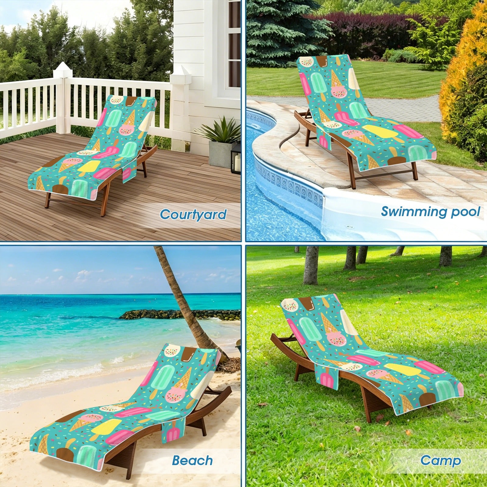 Ice Cream Beach Chair Towel Cover with Side Pockets