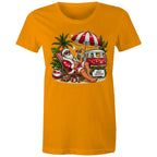 Santa By The Beach - Womens T-shirt Orange Womens Christmas T-shirt Christmas Printed In Australia