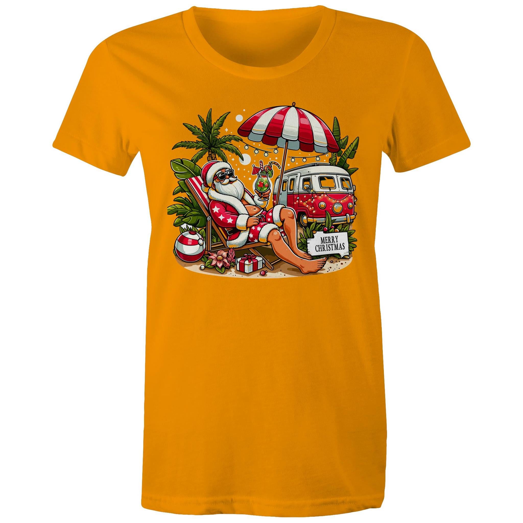 Santa By The Beach - Womens T-shirt Orange Womens Christmas T-shirt Christmas Printed In Australia