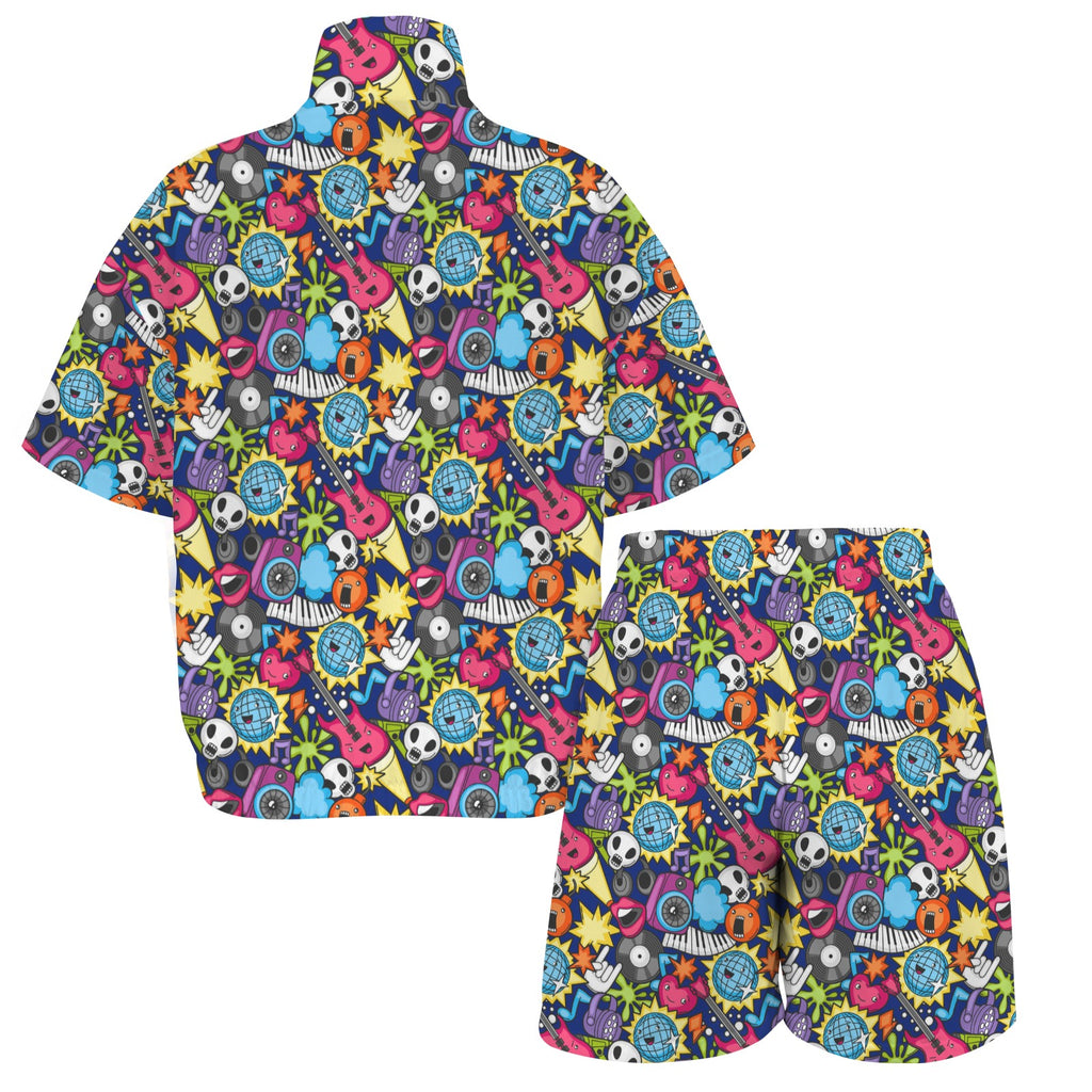 Sticker Music Women's Windbreaker Short Set Women's Windbreaker Short Set Music Printed Offshore