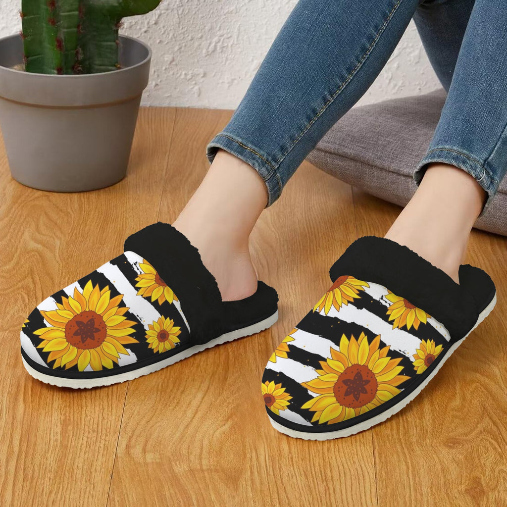 Sunflower Stripes Women's Fur Trim Thick-Sole Indoor Slippers Women's Fur Trimmed Slippers Plants Printed Offshore