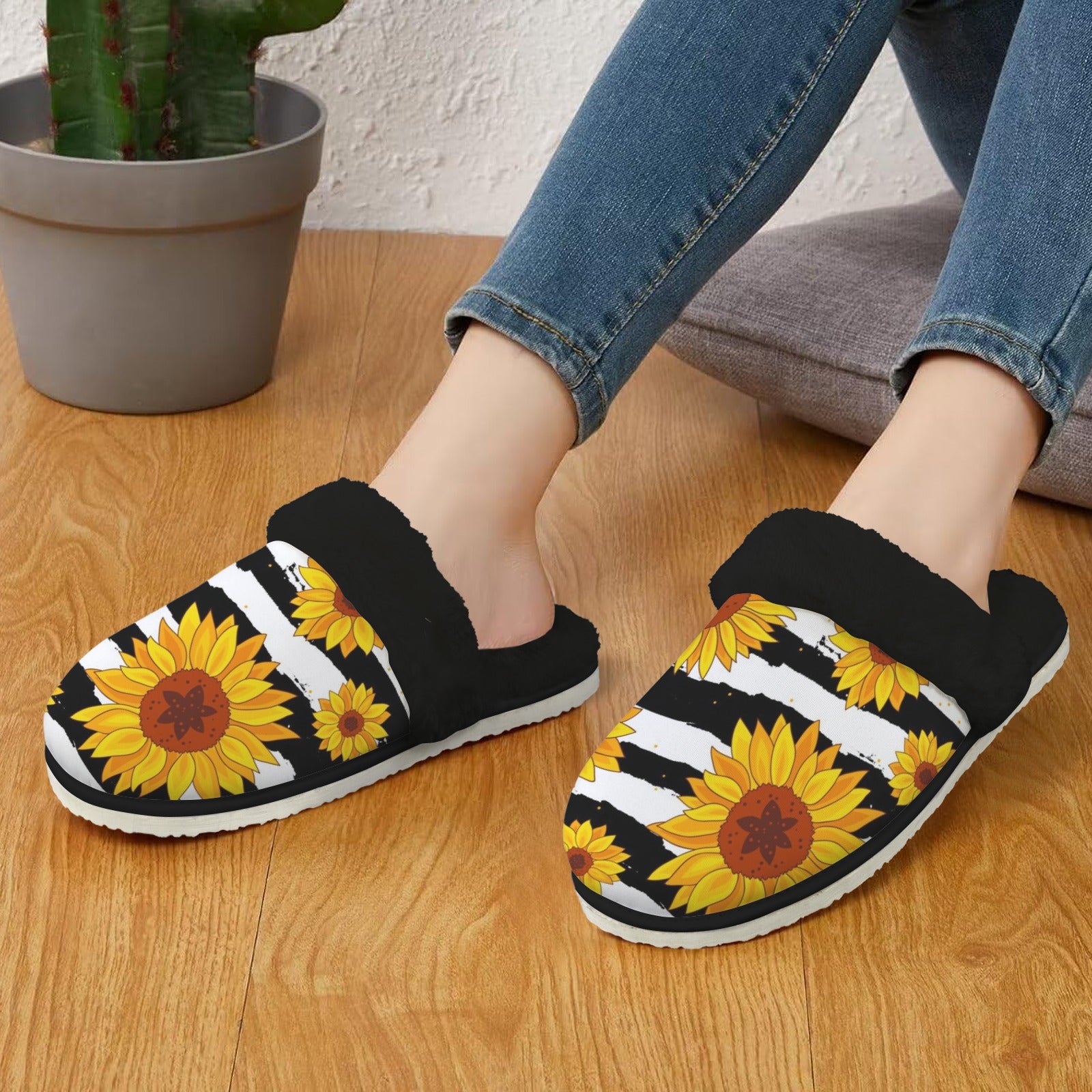 Sunflower Stripes Women's Fur Trim Thick-Sole Indoor Slippers Women's Fur Trimmed Slippers Plants Printed Offshore