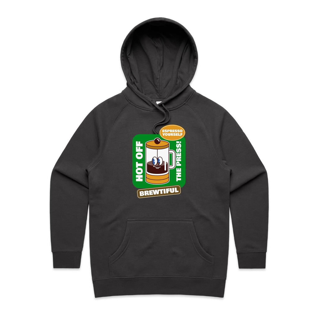 Brewtiful, Coffee Press - Womens Hoodie Coal Womens Hoodie Coffee Printed In Australia