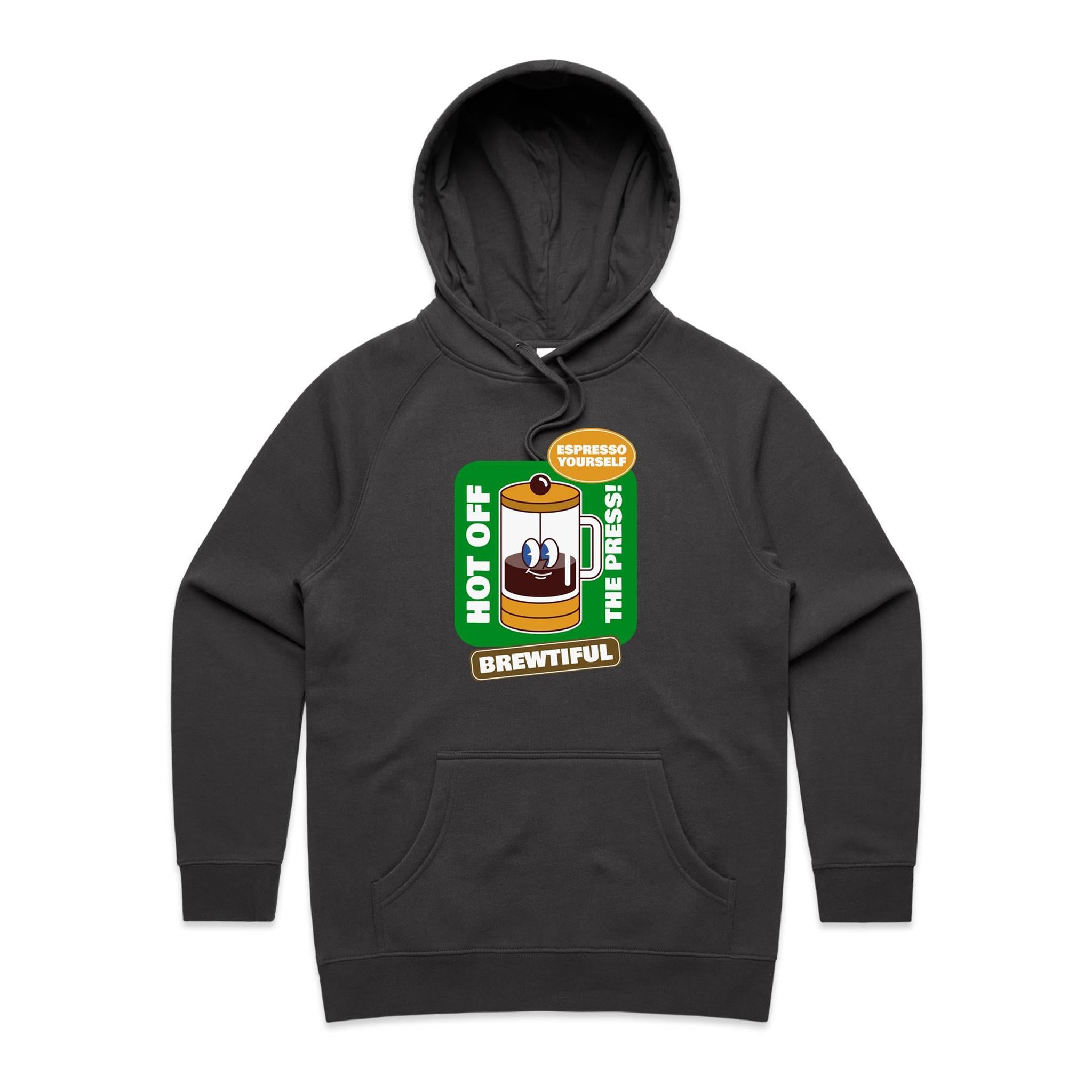 Brewtiful, Coffee Press - Womens Hoodie Coal Womens Hoodie Coffee Printed In Australia