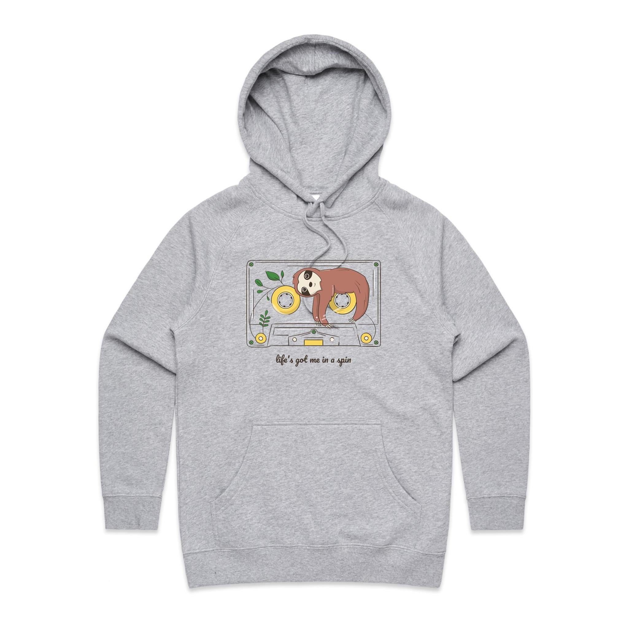 Life's Got Me In A Spin, Sloth Cassette Tape - Womens Hoodie Grey Marle Womens Hoodie animal Music Printed In Australia Retro