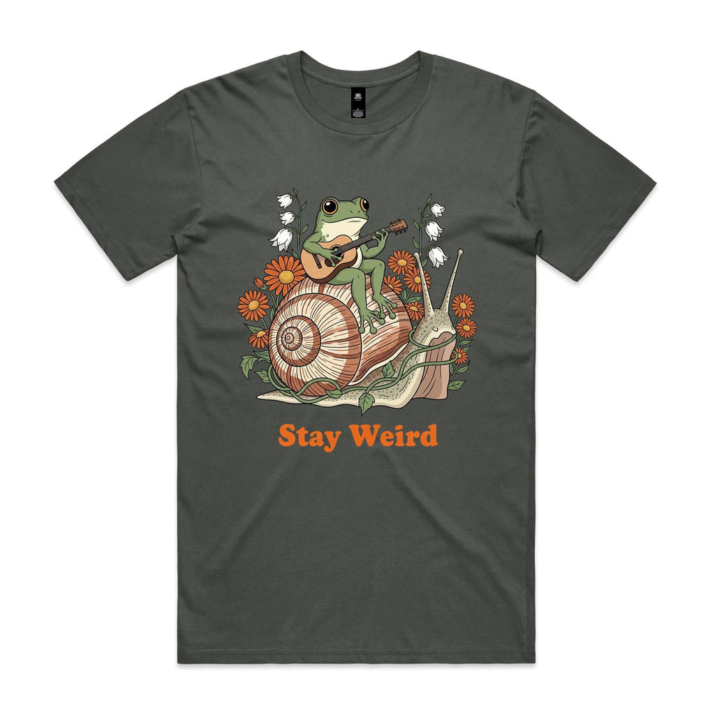 Stay Weird, Guitar Playing Frog On A Snail Men's AS Colour T-shirt Charcoal Mens T-shirt animal Music Printed In Australia