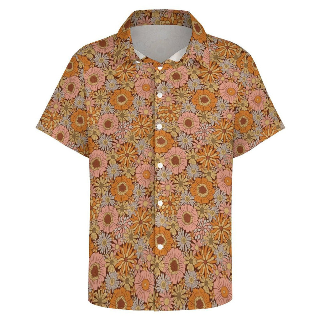 Orange Retro Floral Women's Collared Pocketless Short Sleeve Shirt