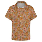 Orange Retro Floral Women's Collared Pocketless Short Sleeve Shirt