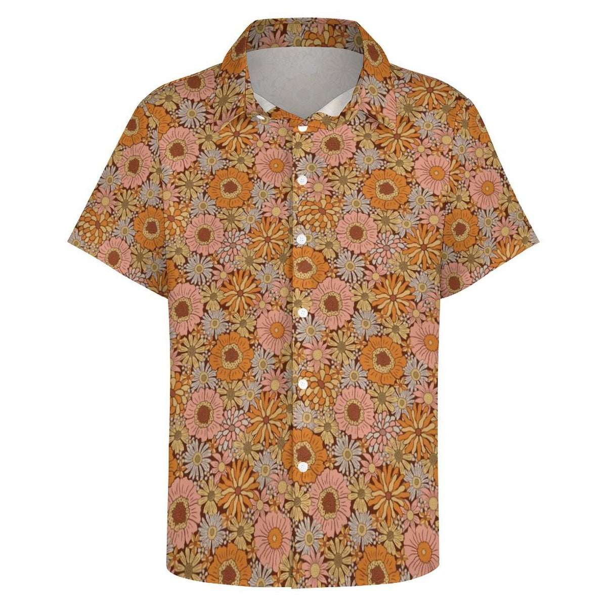 Orange Retro Floral Women's Collared Pocketless Short Sleeve Shirt