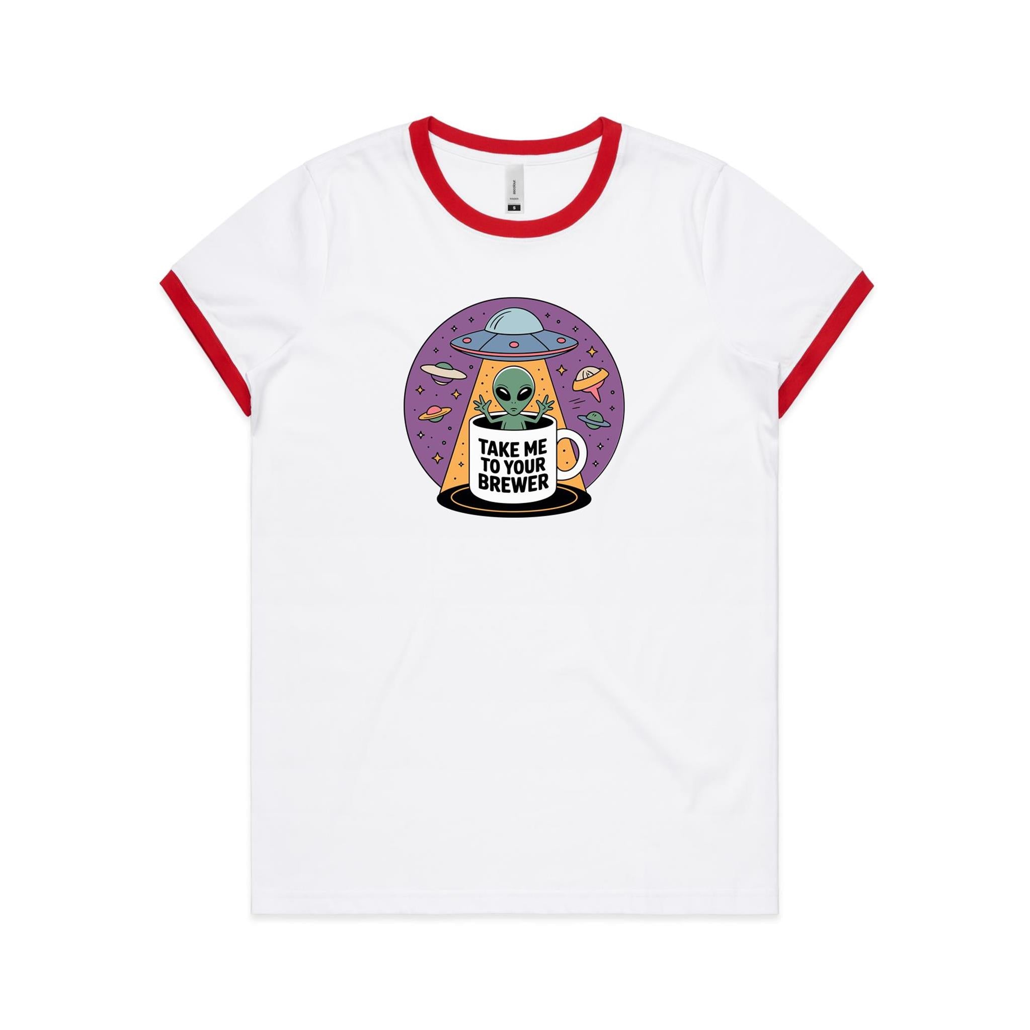 Coffee, Alien, UFO, Take Me To Your Brewer AS Colour Women's Ringer Tee White Red Womens Ringer T-shirt Coffee Printed In Australia Sci Fi