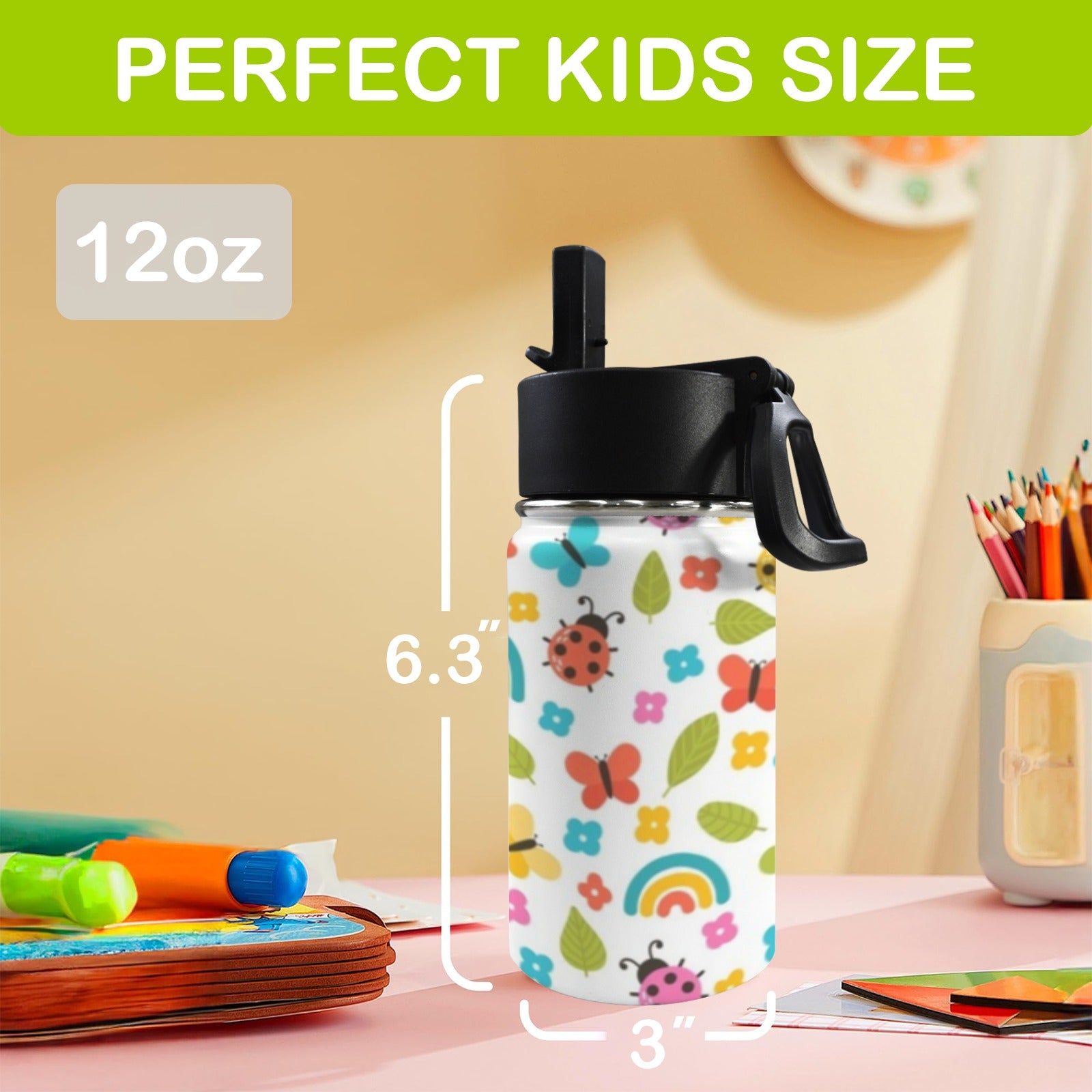 Ladybugs And Rainbows 12oz Kids Water Bottle with Straw Lid