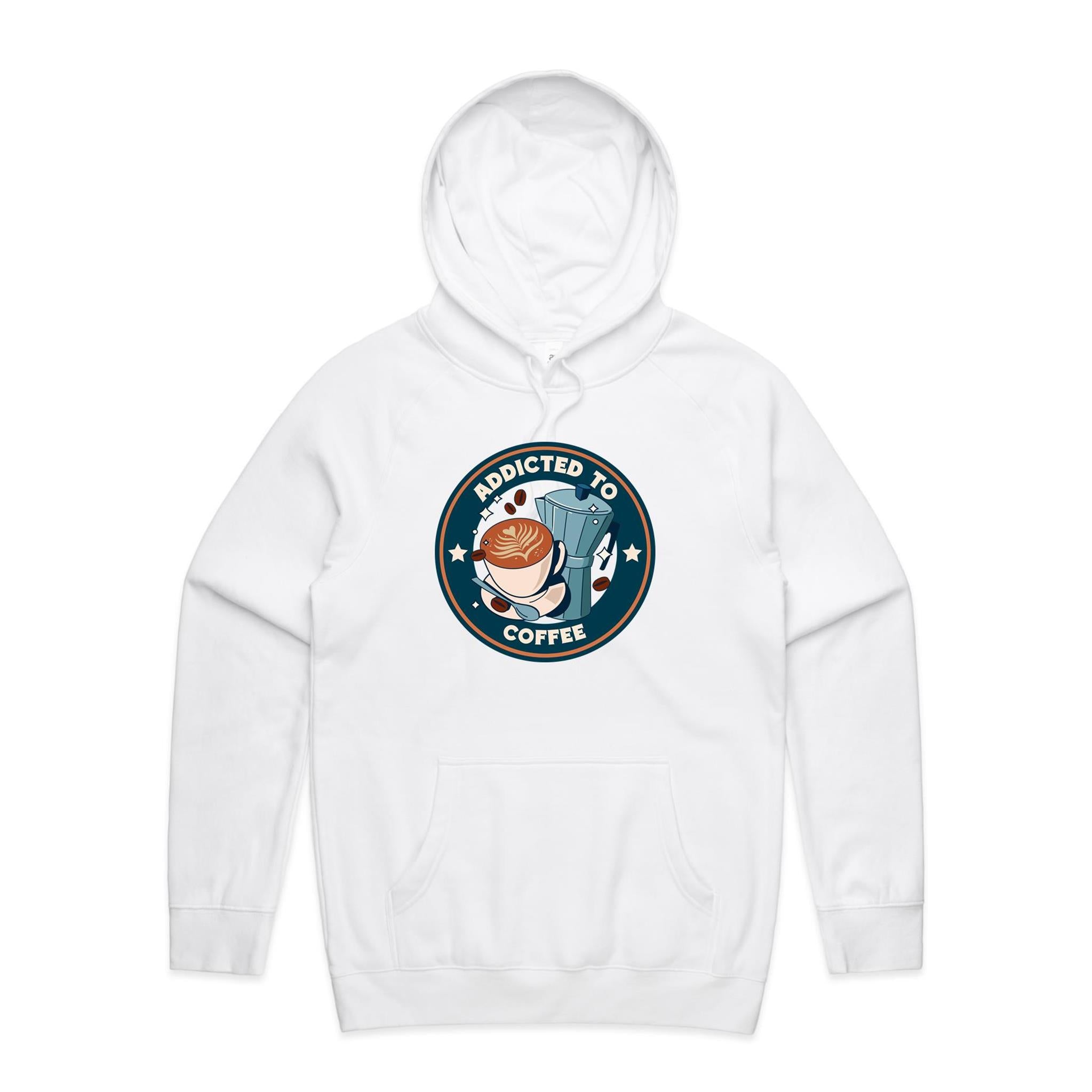 Addicted To Coffee - Mens Hoodie White Mens Hoodie Coffee Printed In Australia
