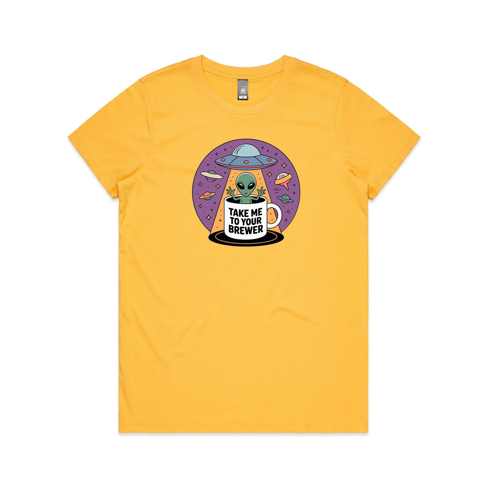 Coffee, Alien, UFO, Take Me To Your Brewer Women's AS Colour T-shirt Yellow Womens T-shirt Coffee Printed In Australia Sci Fi