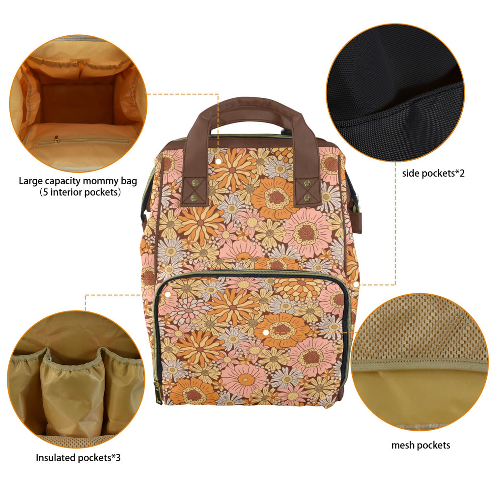Orange Retro Floral Multi-Function Backpack, Nappy / Diaper Bag Multi-function Backpack, Nappy / Diaper Bag Plants Printed Offshore