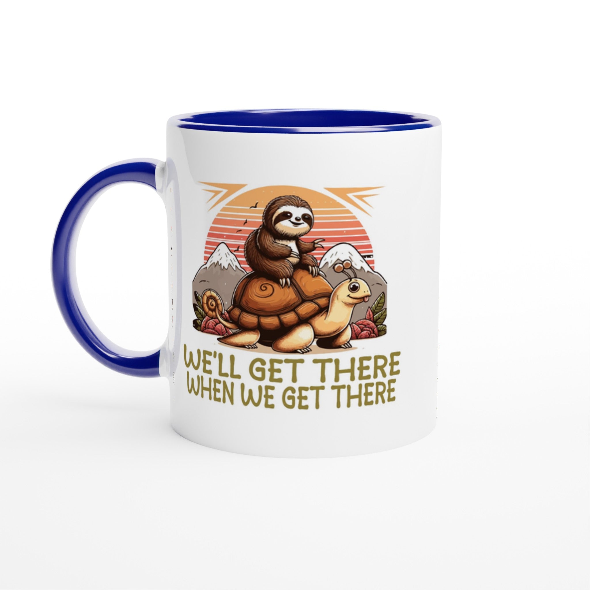 Sloth Race, We'll Get There When We Get There - White 11oz Ceramic Mug with Colour Inside Ceramic Blue Colour 11oz Mug animal Globally Fulfilled