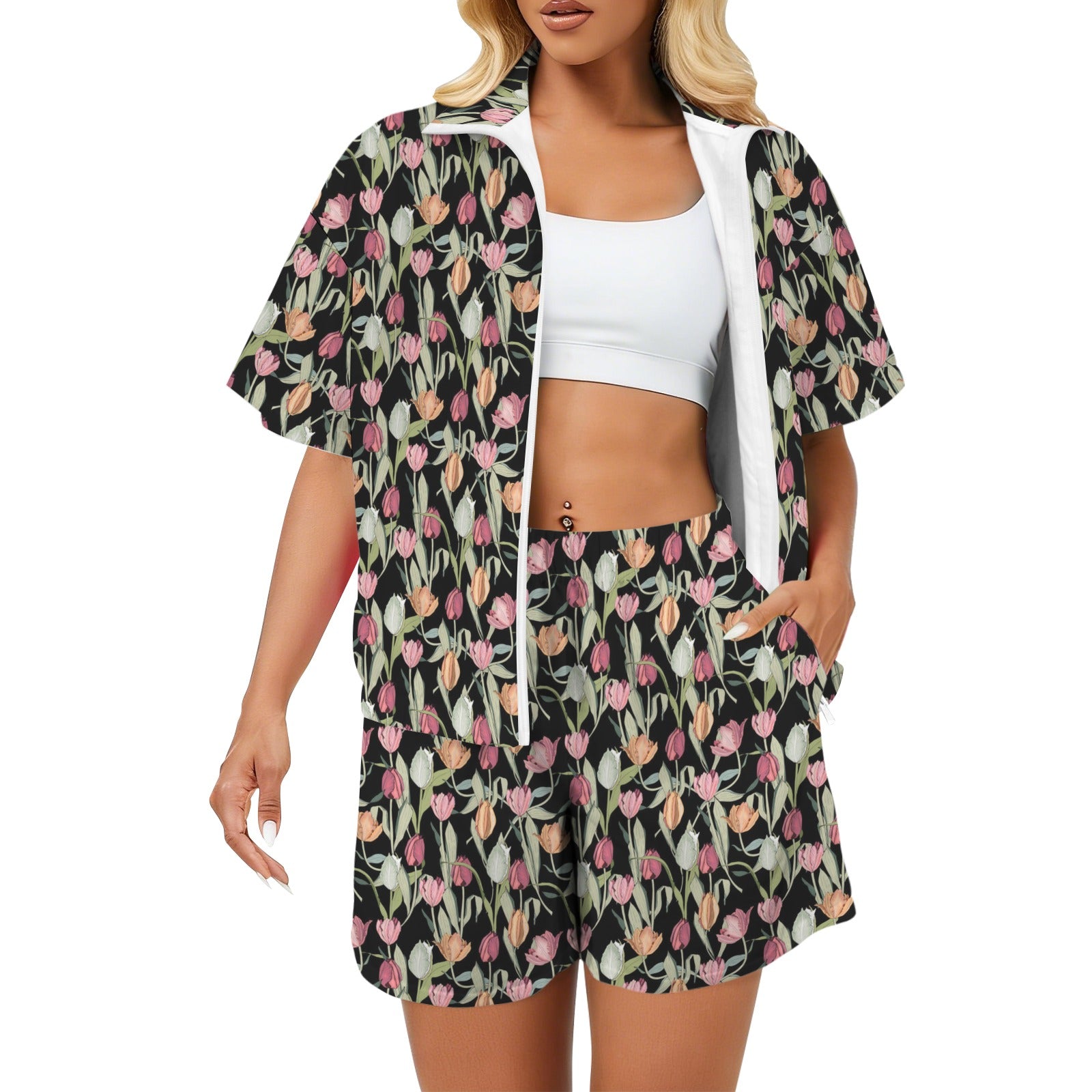 Tulips Women's Windbreaker Short Set 2XL Women's Windbreaker Short Set Plants Printed Offshore