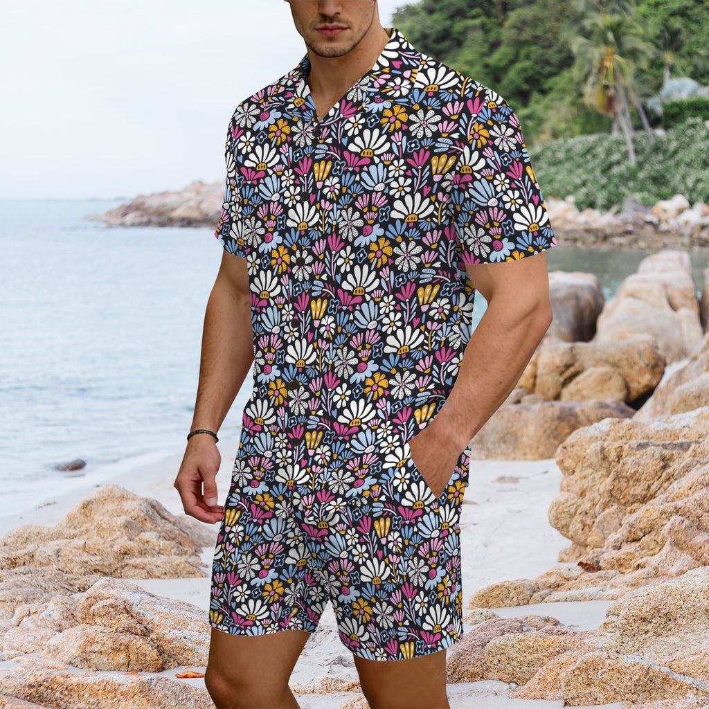 Graphic Flowers On Black Men's Hawaiian Shirt & Shorts Set Men's Hawaiian Shirt & Shorts Set Plants Printed Offshore