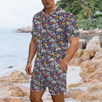 Graphic Flowers On Black Men's Hawaiian Shirt & Shorts Set Men's Hawaiian Shirt & Shorts Set Plants Printed Offshore